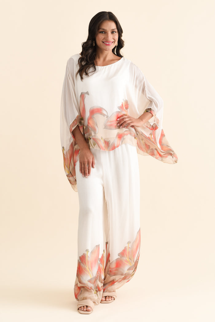 Figaro White Bloom Silk Pants,Brunette model,alt text|model:Brontie