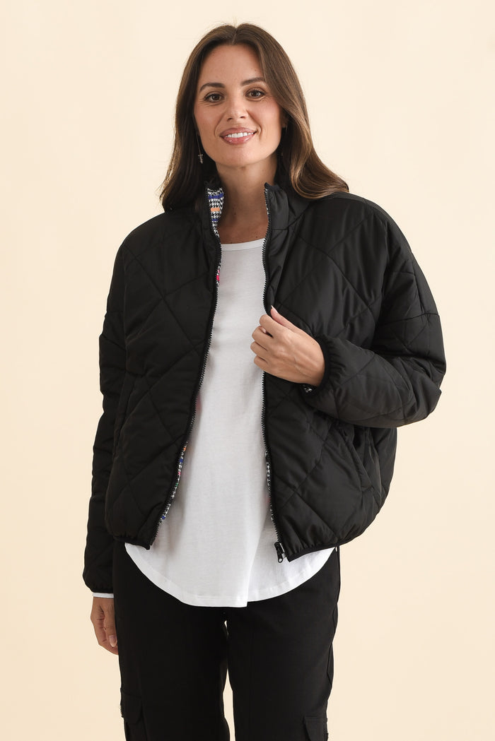 Finch Black Abstract Reversible Jacket,Brunette model,alt text|model:MJ
