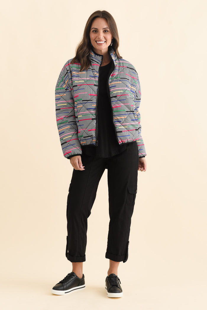 Finch Black Abstract Reversible Jacket,Brunette model,alt text|model:MJ