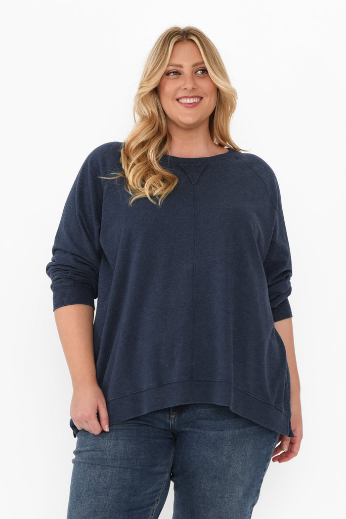 Flossie Navy Cotton Sweatshirt,Blonde model,plus-size,curve-tops,plus-size-sleeved-tops,plus-size-cotton-tops,plus-size-winter-clothing,plus-size-jumpers,alt text|model:Caitlin