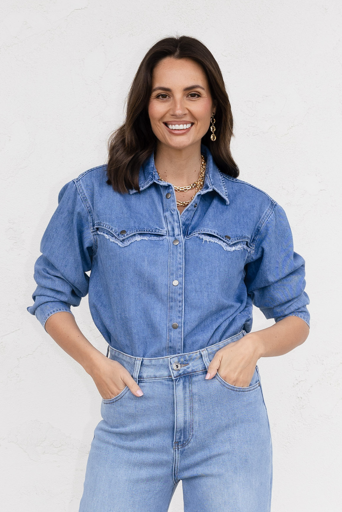 Flynn Blue Denim Button Shirt,brunette model,Lifestyle