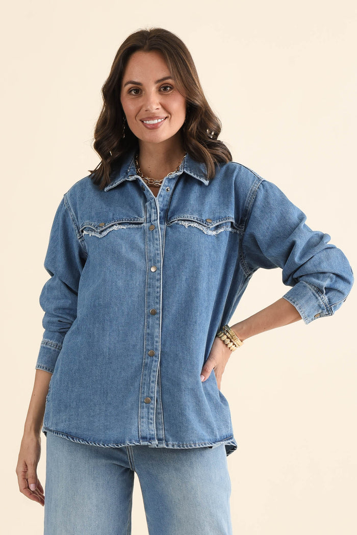 Flynn Blue Denim Button Shirt,brunette model,Front of Outfit,alt text|model:MJ