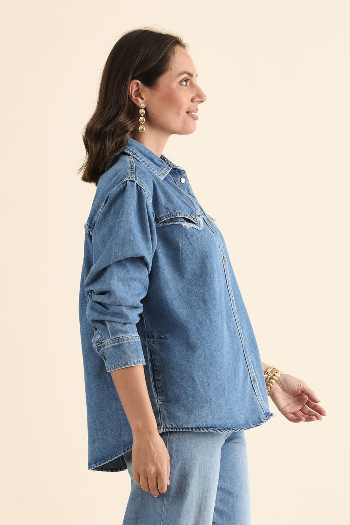 Flynn Blue Denim Button Shirt,brunette model,Side of Outfit,alt text|model:MJ
