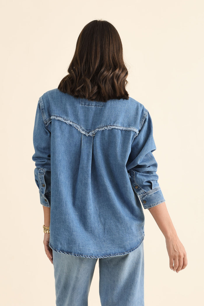 Flynn Blue Denim Button Shirt,brunette model,Back of Outfit,alt text|model:MJ