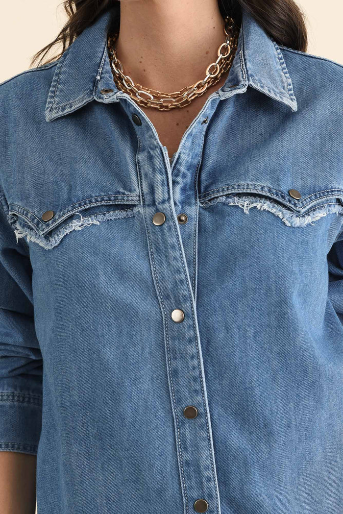 Flynn Blue Denim Button Shirt,brunette model,Close up of outfit,alt text|model:MJ