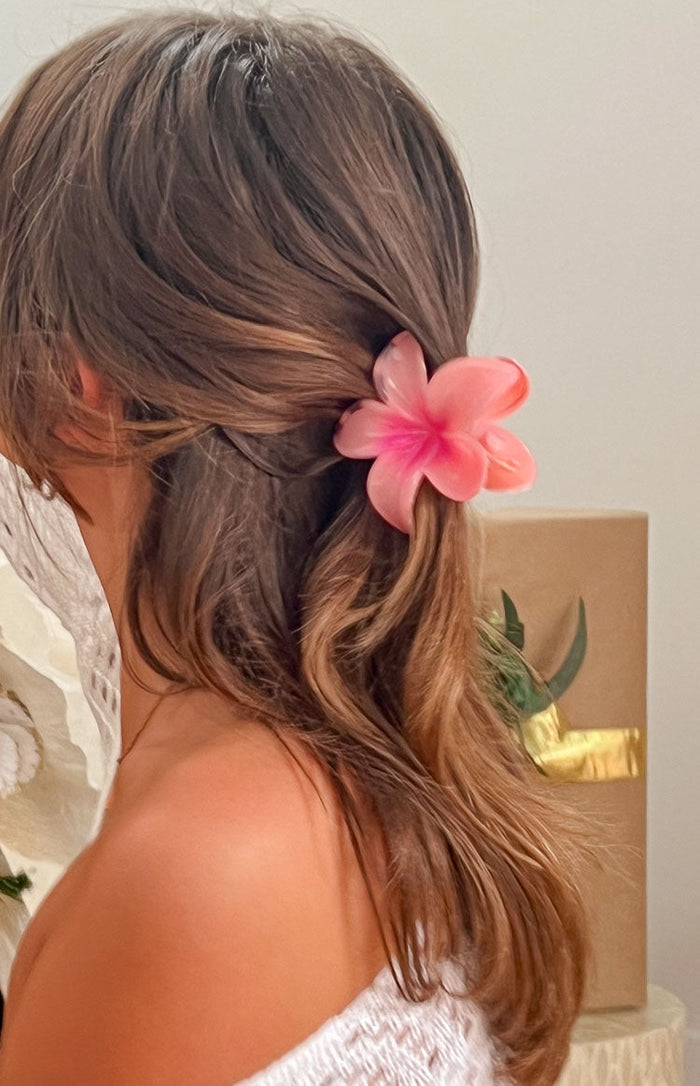 Beginning Boutique Frangipani Pink Flower Clip translucent pink frangipani flower hair clip with a bright pink center