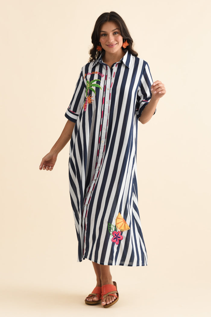 Franklin Navy Stripe Cotton Shirt Dress,Brunette model,alt text|model:Brontie