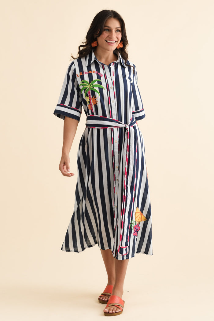 Franklin Navy Stripe Cotton Shirt Dress,Brunette model,alt text|model:Brontie