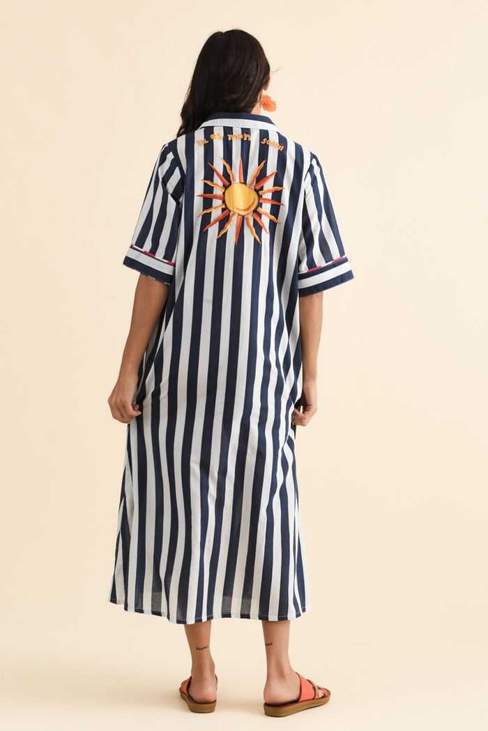 Franklin Navy Stripe Cotton Shirt Dress,Brunette model,alt text|model:Brontie