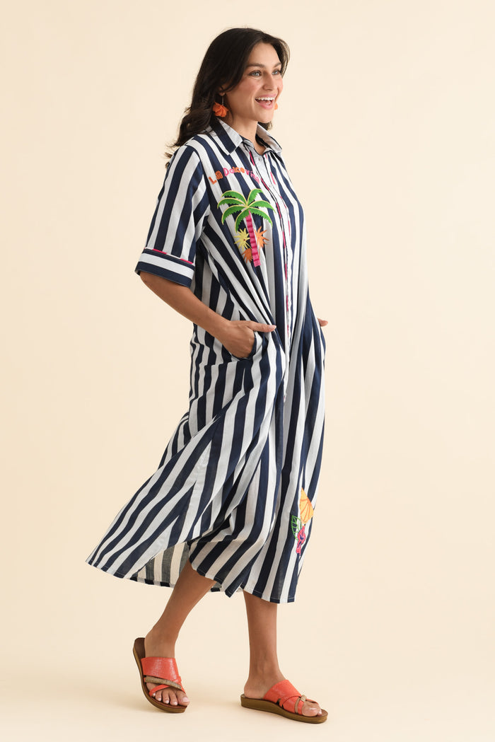 Franklin Navy Stripe Cotton Shirt Dress,Brunette model,alt text|model:Brontie