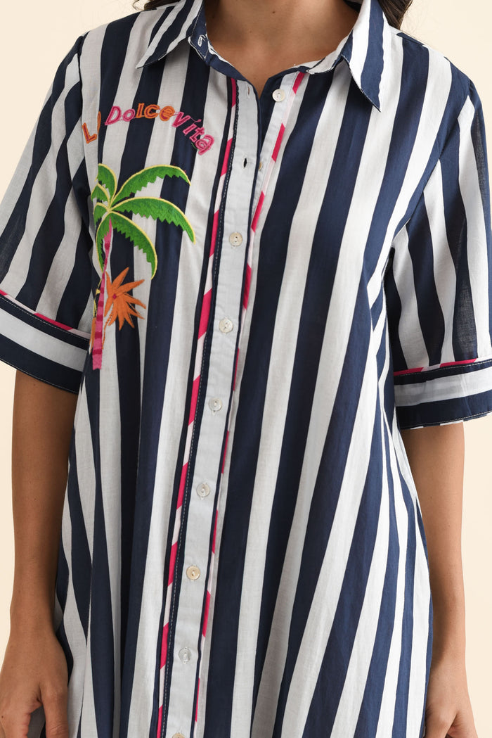 Franklin Navy Stripe Cotton Shirt Dress,Brunette model,alt text|model:Brontie