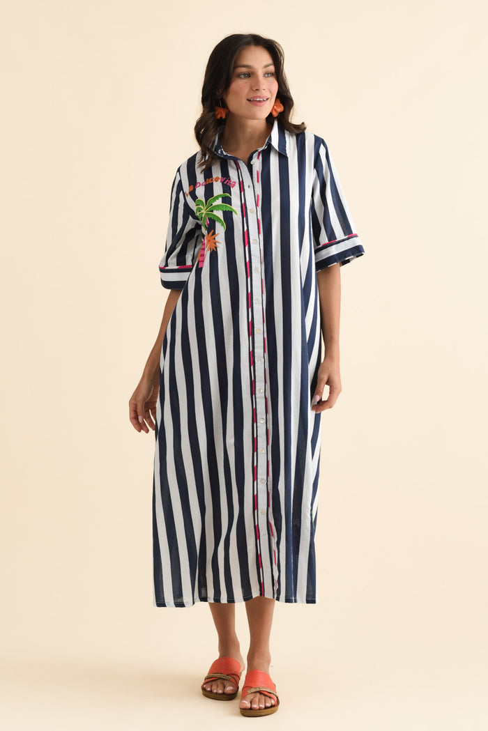 Franklin Navy Stripe Cotton Shirt Dress,Brunette model,alt text|model:Brontie
