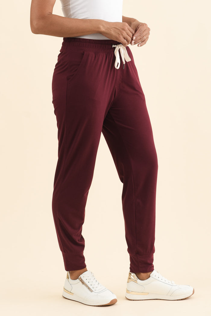 Freedom Burgundy Drawstring Sweatpants,Brunette model,alt text|model:Cara
