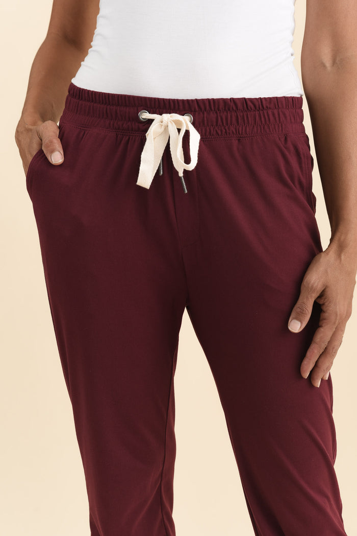 Freedom Burgundy Drawstring Sweatpants,Brunette model,alt text|model:Cara