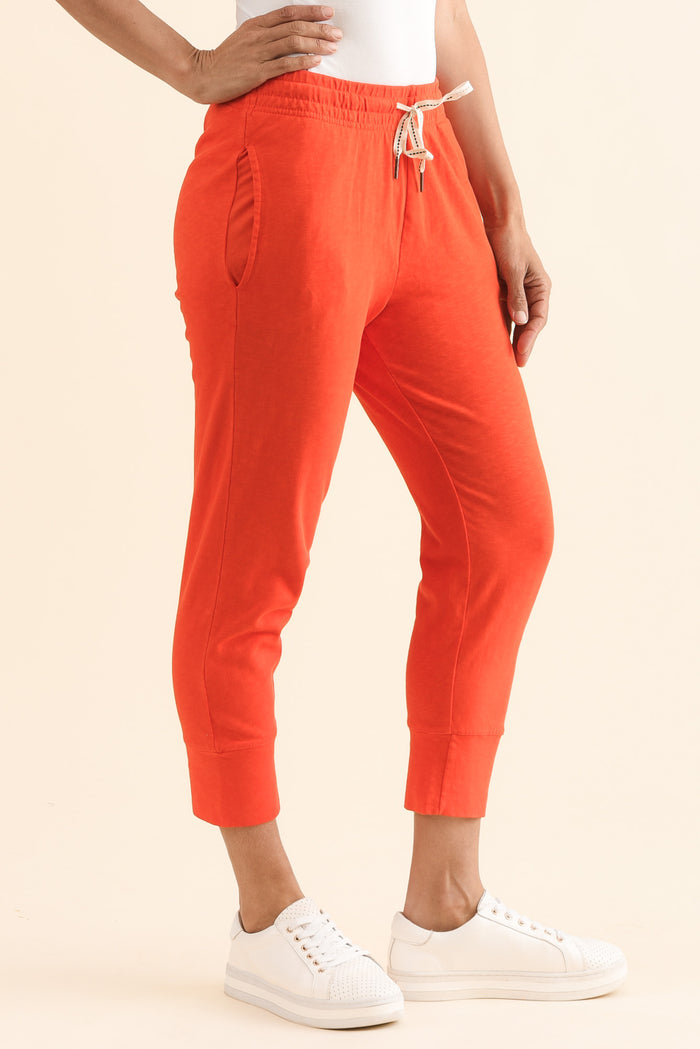 Fundamental Brunch Bright Red Cotton Sweatpants,Side,Brunette model,alt text|model:Cara