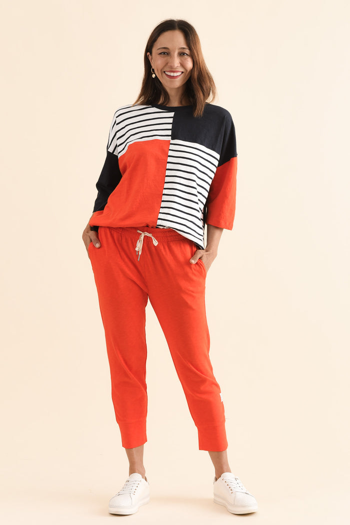 Fundamental Brunch Bright Red Cotton Sweatpants,Full Body,Brunette model,alt text|model:Cara