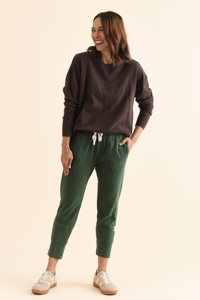 Fundamental Brunch Dark Green Cotton Sweatpants,Full Body,Brunette model,alt text|model:Cara