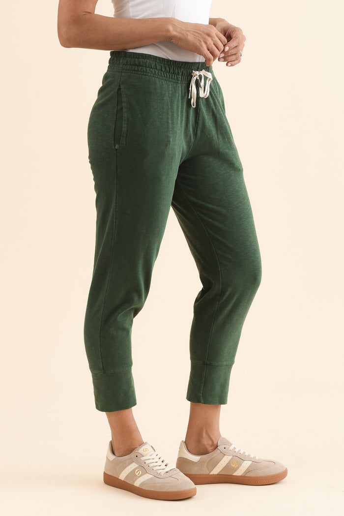Fundamental Brunch Dark Green Cotton Sweatpants,Side,Brunette model,alt text|model:Cara