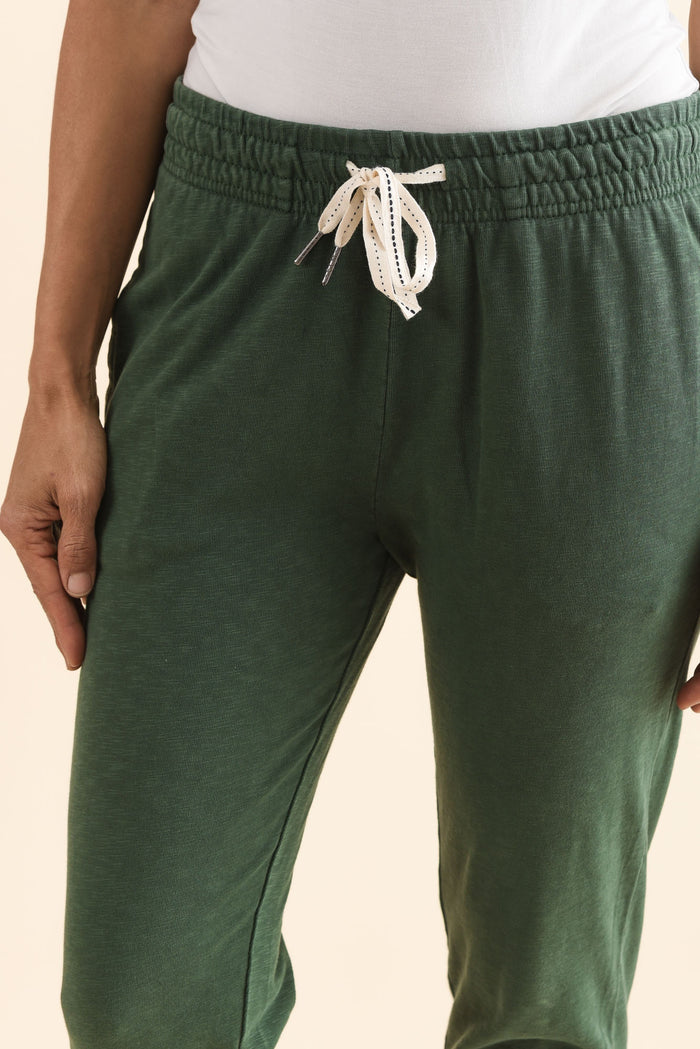 Fundamental Brunch Dark Green Cotton Sweatpants,Detail,Brunette model,alt text|model:Cara
