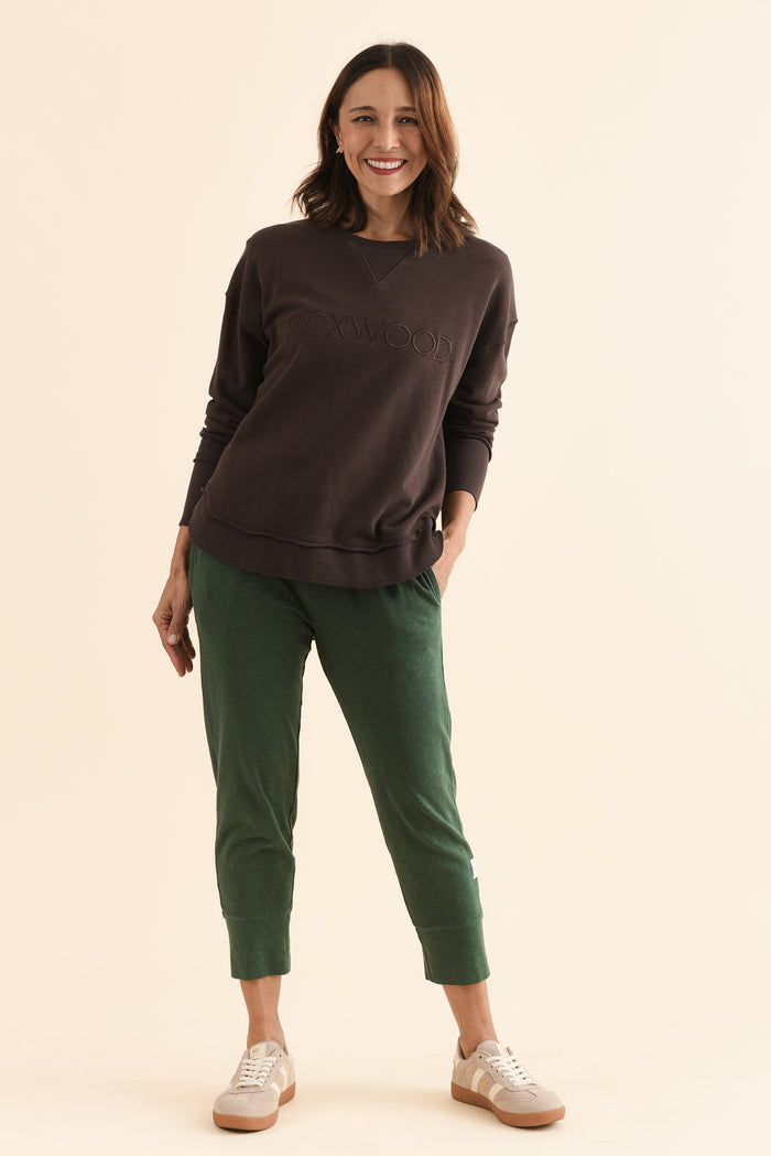 Fundamental Brunch Dark Green Cotton Sweatpants,Full Body,Brunette model,alt text|model:Cara