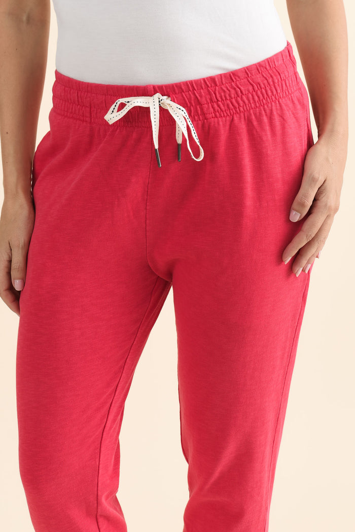 Fundamental Brunch Raspberry Cotton Sweatpants,brunette model,Side of Outfit,alt text|model:MJ