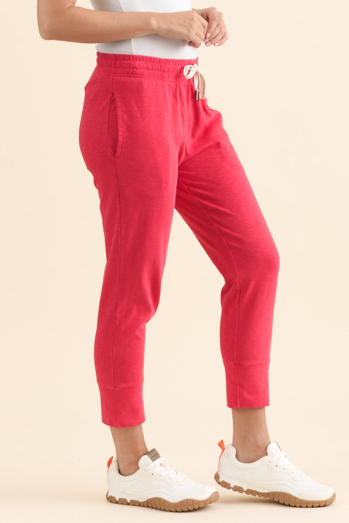 Fundamental Brunch Raspberry Cotton Sweatpants,brunette model,Back of Outfit,alt text|model:MJ