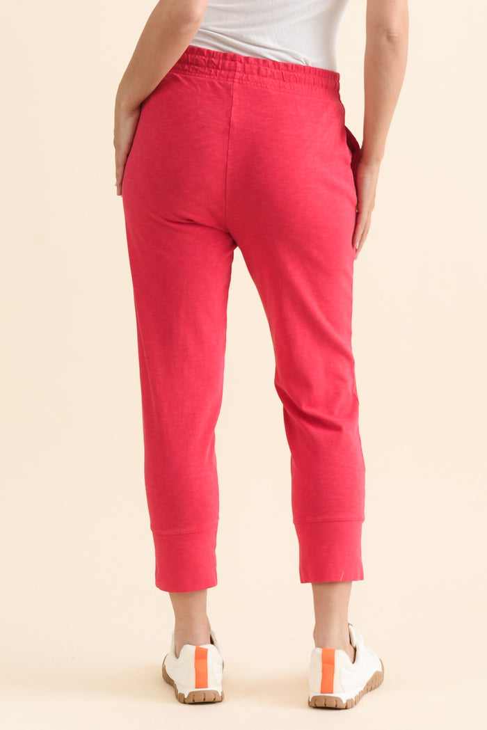 Fundamental Brunch Raspberry Cotton Sweatpants,brunette model,Close up of outfit,alt text|model:MJ