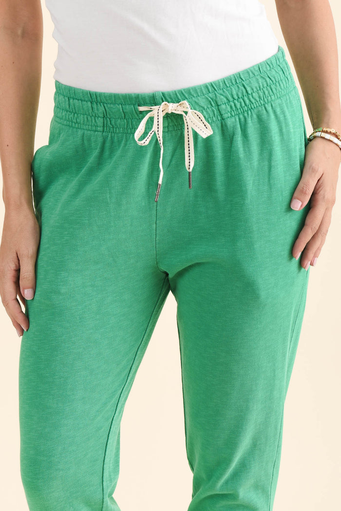 Fundamental Brunch Sage Cotton Sweatpants,brunette model,Side of Outfit,alt text|model:MJ