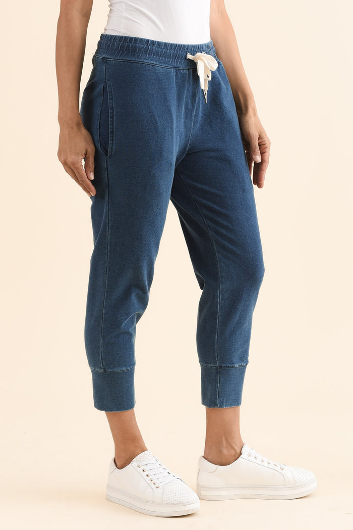 Fundamental Brunch Vintage Blue Cotton Sweatpants,Side,Brunette model,alt text|model:Cara