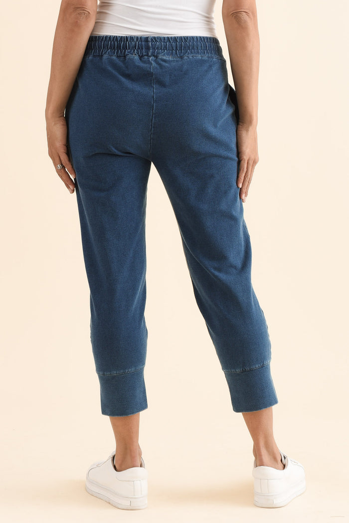 Fundamental Brunch Vintage Blue Cotton Sweatpants,Back,Brunette model,alt text|model:Cara