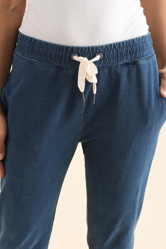 Fundamental Brunch Vintage Blue Cotton Sweatpants,Detail,Brunette model,alt text|model:Cara