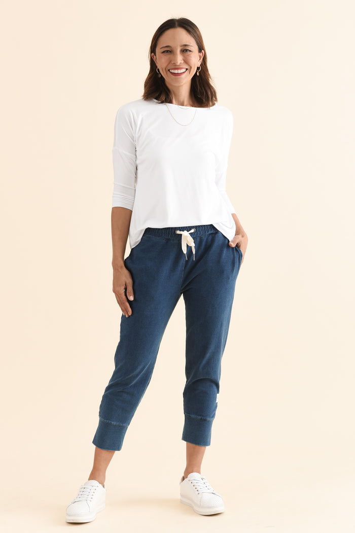 Fundamental Brunch Vintage Blue Cotton Sweatpants,Full Body,Brunette model,alt text|model:Cara