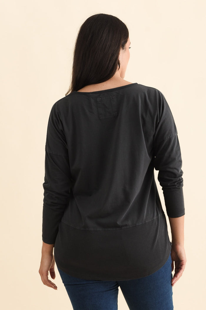 Fundamental Washed Black Cotton Rib Sleeved Top