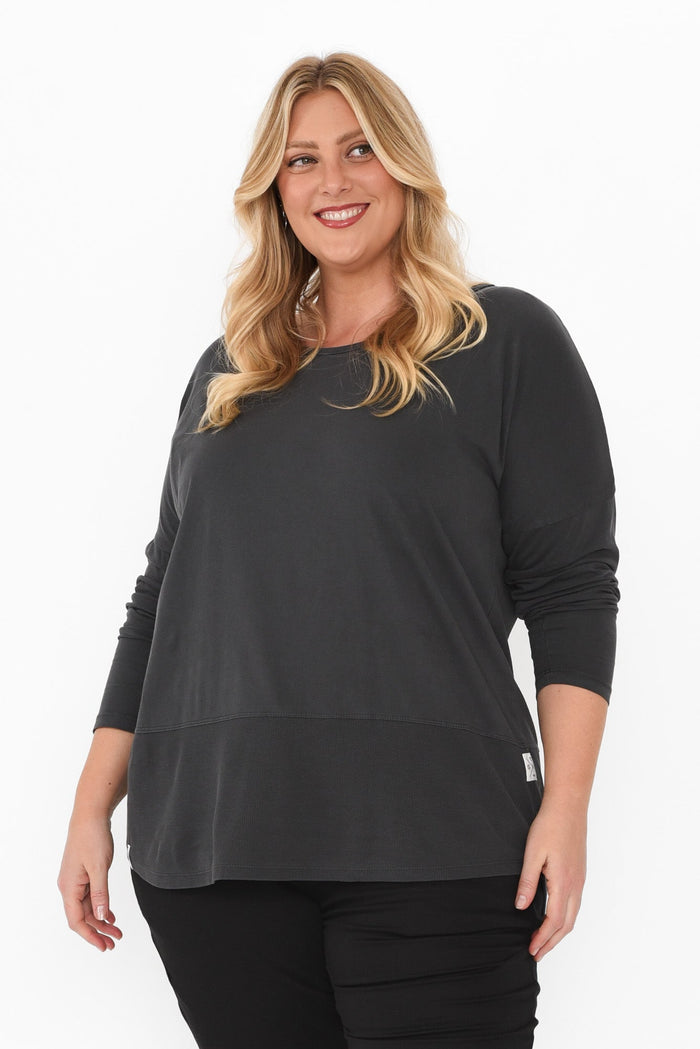 Fundamental Washed Black Cotton Rib Sleeved Top,Blonde model,plus-size,curve-basics,curve-tops,plus-size-sleeved-tops,plus-size-cotton-tops,plus-size-basic-tops,plus-size-winter-clothing,alt text|model:Caitlin