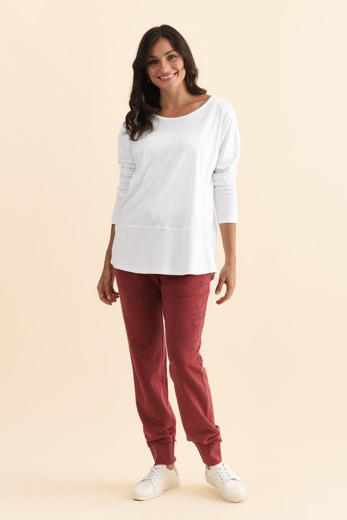 Fundamental White Cotton Rib Sleeved Top,Brunette model,alt text|model:Brontie