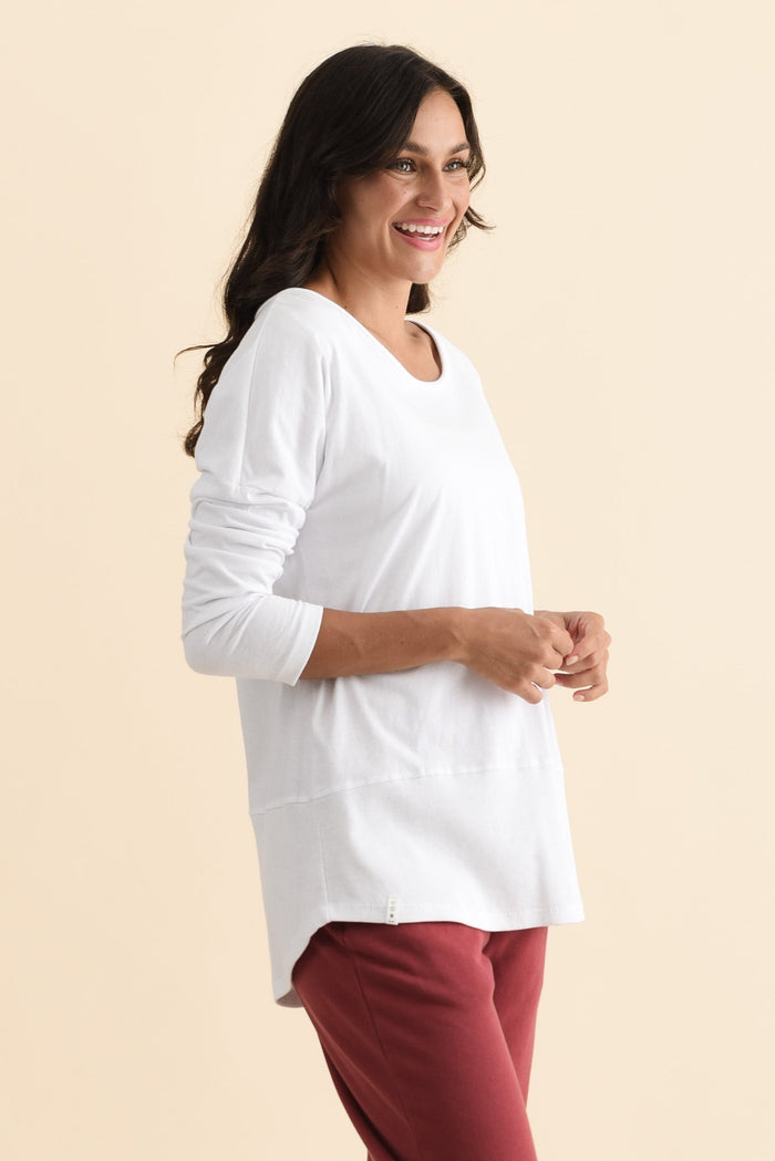 Fundamental White Cotton Rib Sleeved Top,Brunette model,alt text|model:Brontie