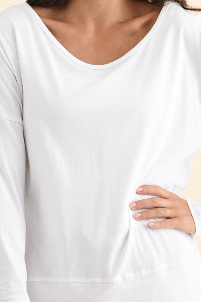 Fundamental White Cotton Rib Sleeved Top,Brunette model,alt text|model:Brontie