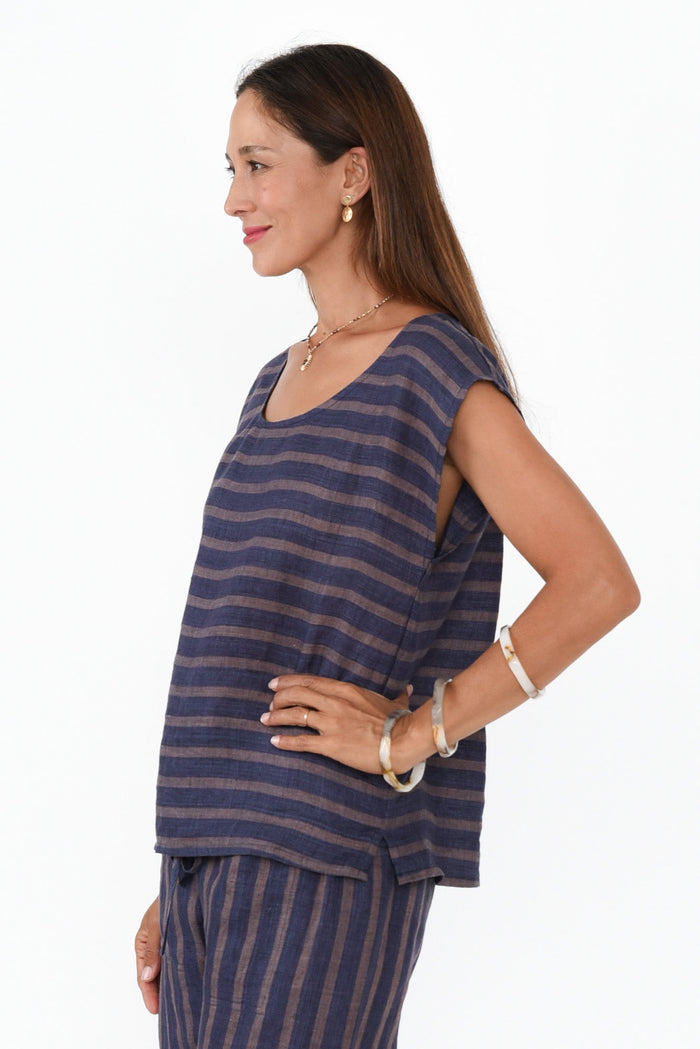 Gabriele Navy Stripe Linen Top,Brunette model,alt text|model:Cara