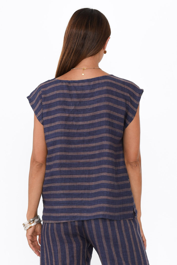 Gabriele Navy Stripe Linen Top,Brunette model,alt text|model:Cara