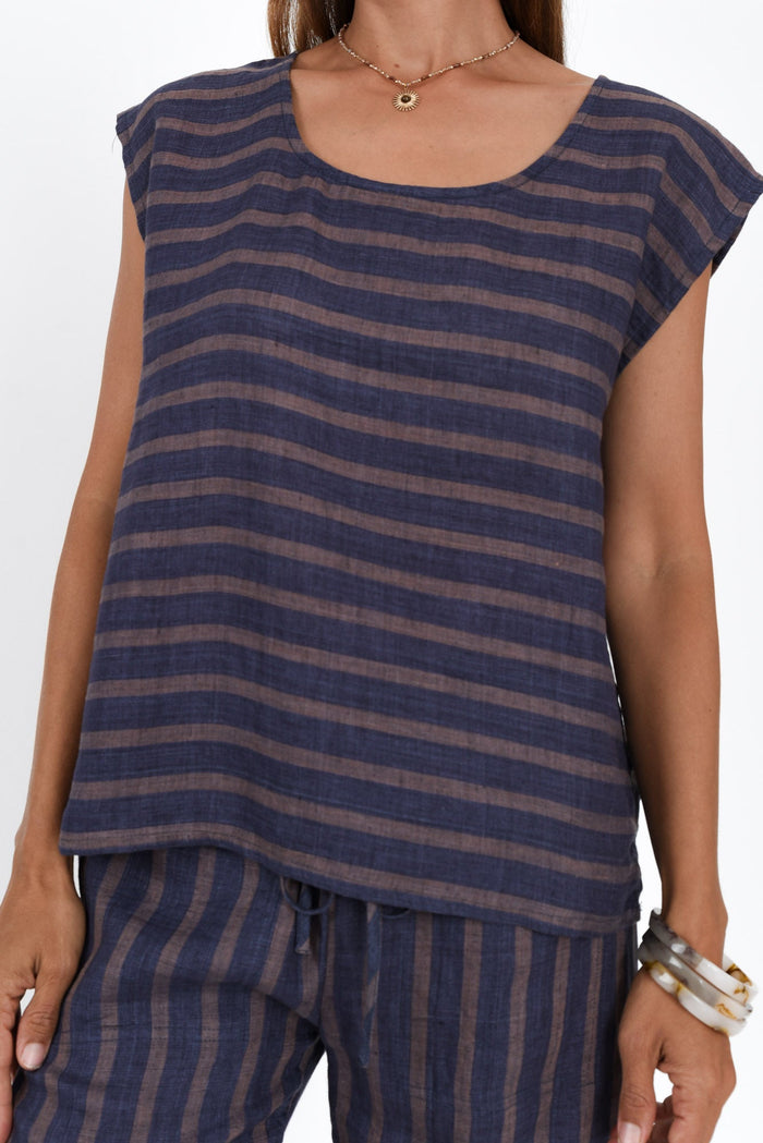 Gabriele Navy Stripe Linen Top,Brunette model,alt text|model:Cara