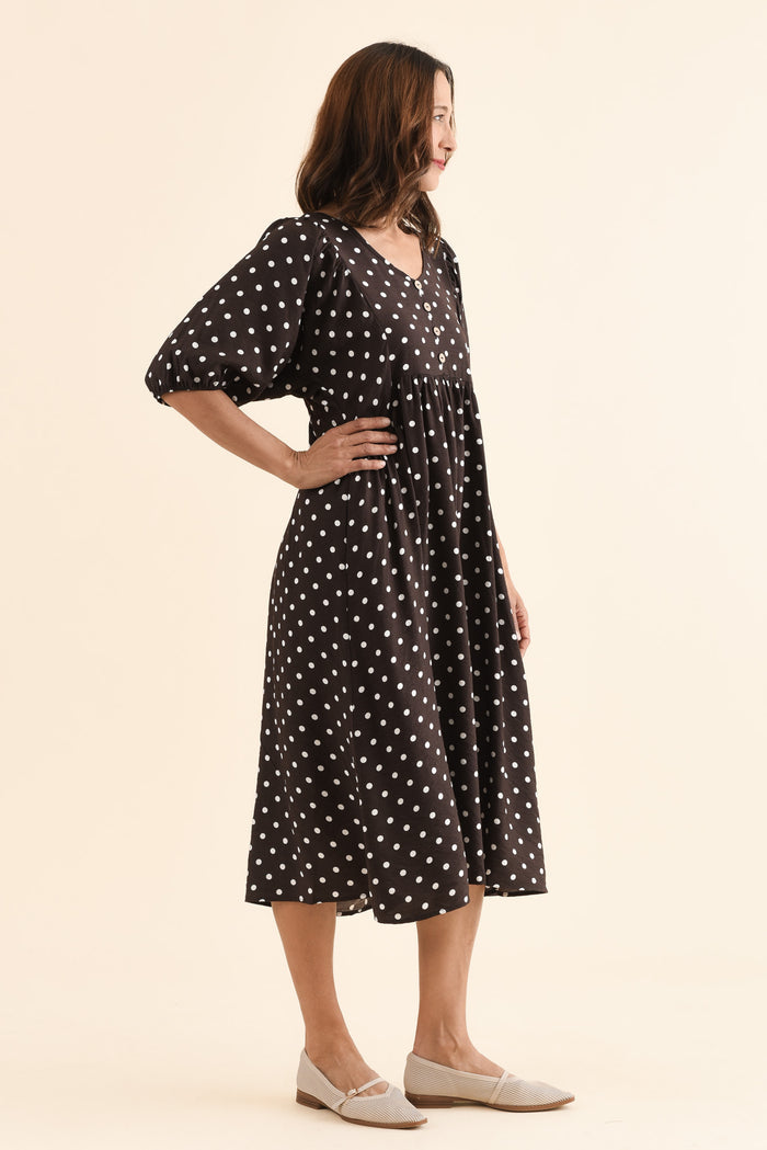 Gabriella Brown Spot Pocket Dress,Side,Brunette model,alt text|model:Cara