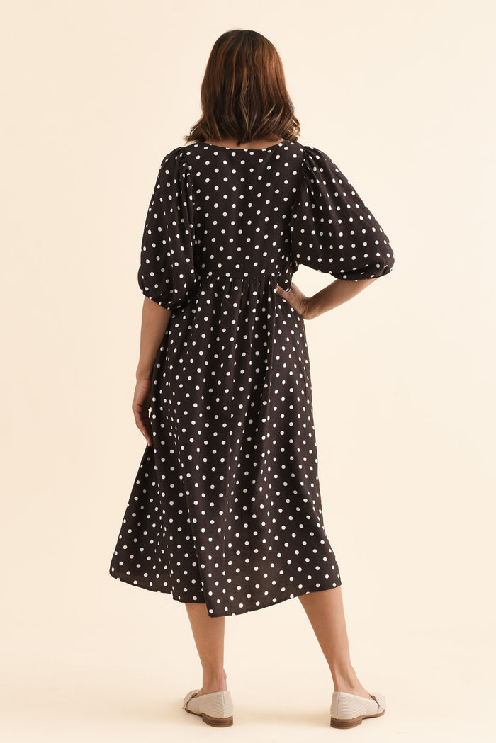 Gabriella Brown Spot Pocket Dress,Back,Brunette model,alt text|model:Cara
