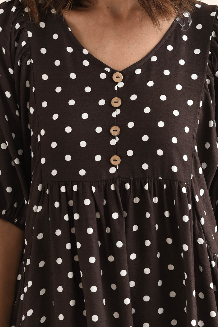 Gabriella Brown Spot Pocket Dress,Detail,Brunette model,alt text|model:Cara