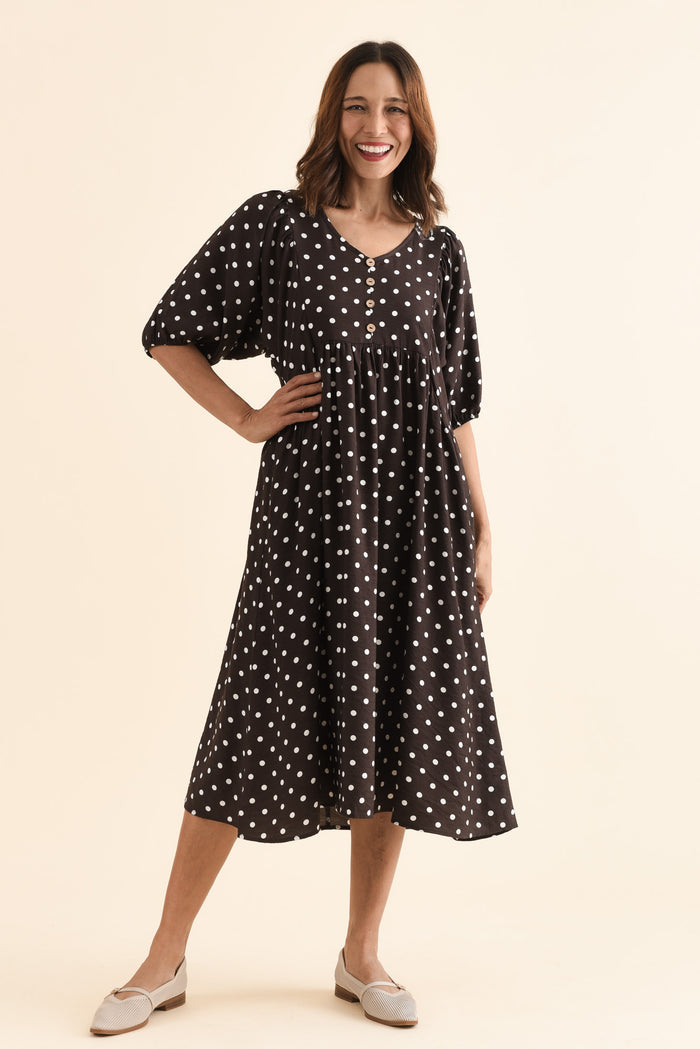 Gabriella Brown Spot Pocket Dress,Full Body,Brunette model,alt text|model:Cara