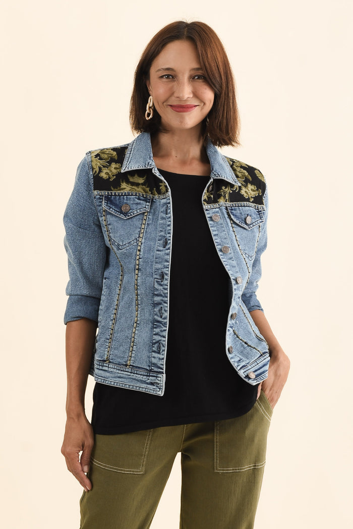 Gaia Pink Tiger Denim Jacket,Brunette model,alt text|model:Cara