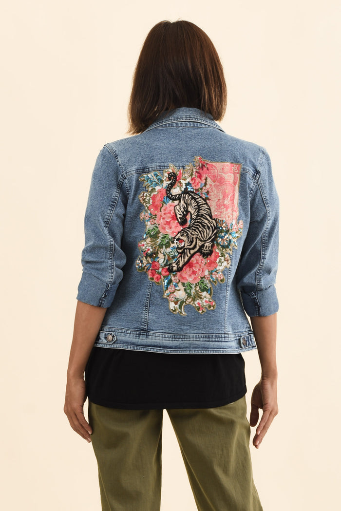 Gaia Pink Tiger Denim Jacket,Brunette model,alt text|model:Cara
