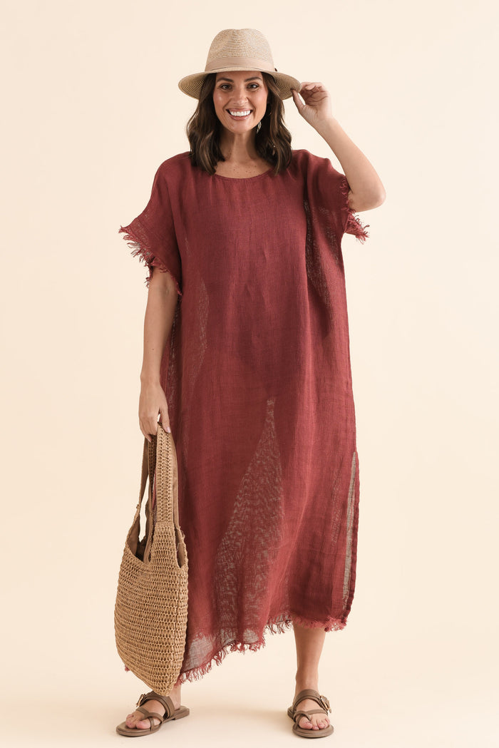 Galene Berry Linen Dress,Front,Brunette model,alt text|model:MJ