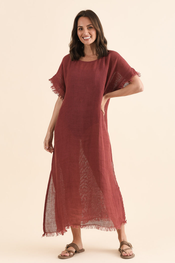 Galene Berry Linen Dress,Full Body,Brunette model,alt text|model:MJ