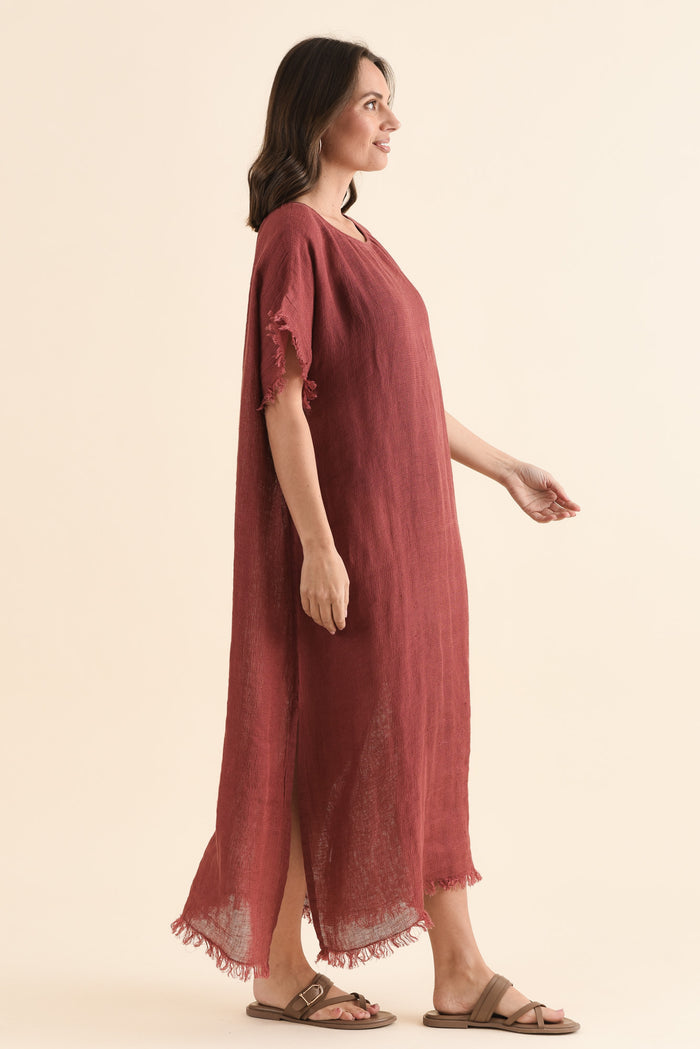 Galene Berry Linen Dress,Side,Brunette model,alt text|model:MJ