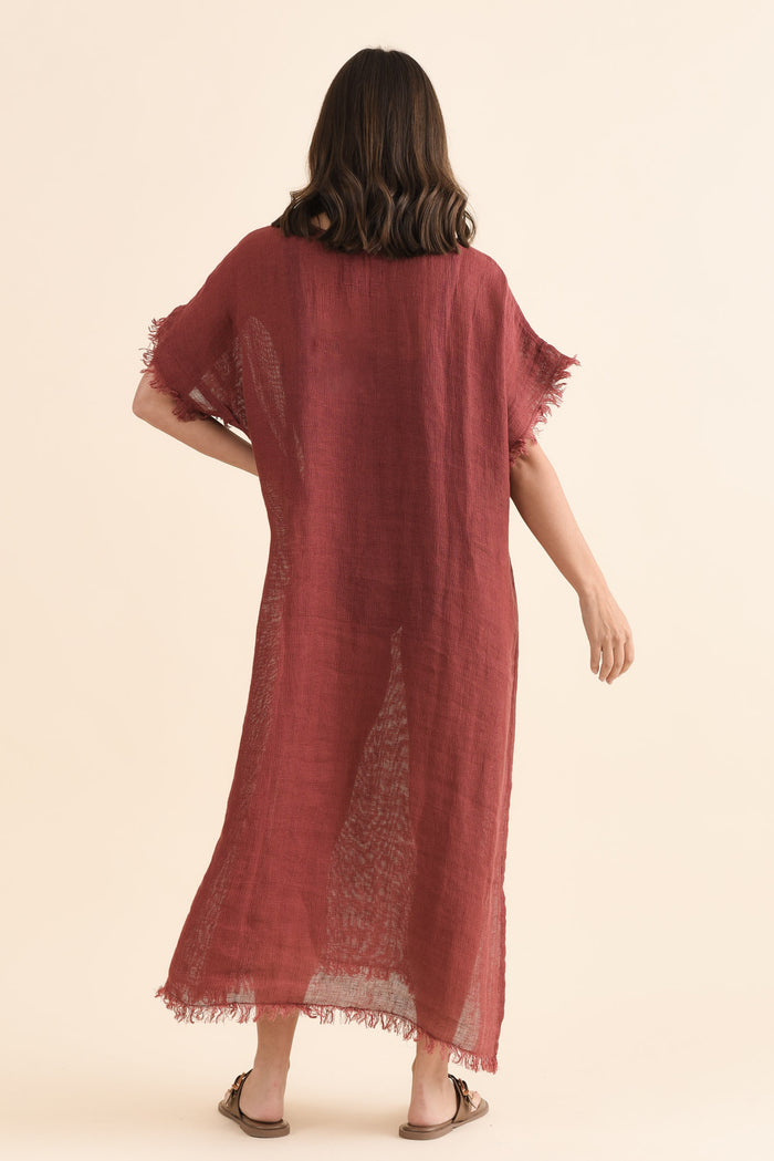Galene Berry Linen Dress,Back,Brunette model,alt text|model:MJ